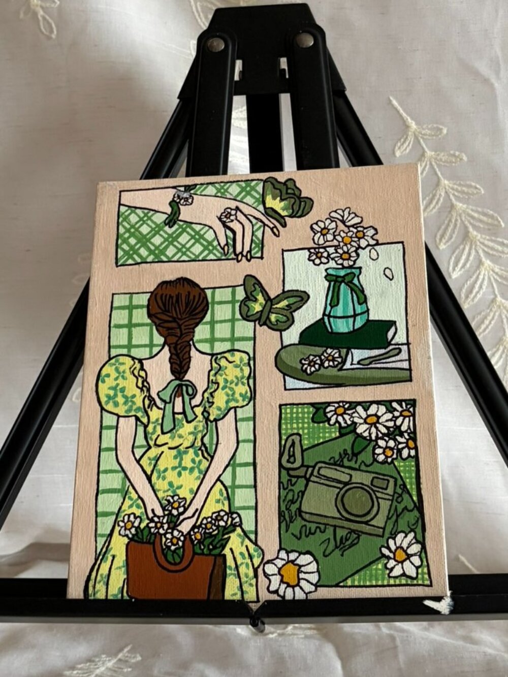 Hand Painted Green Floral Girl Collage Canvas 7x9